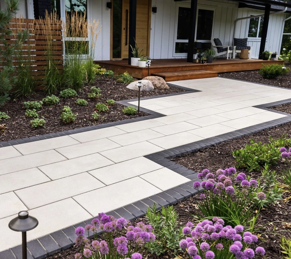 Curbscapes Outdoors outdoor living spaces auburn in - Curbscapes Outdoors Modern landscaping with a paver walkway. Mulched garden beds. Purple flowers. Front porch.