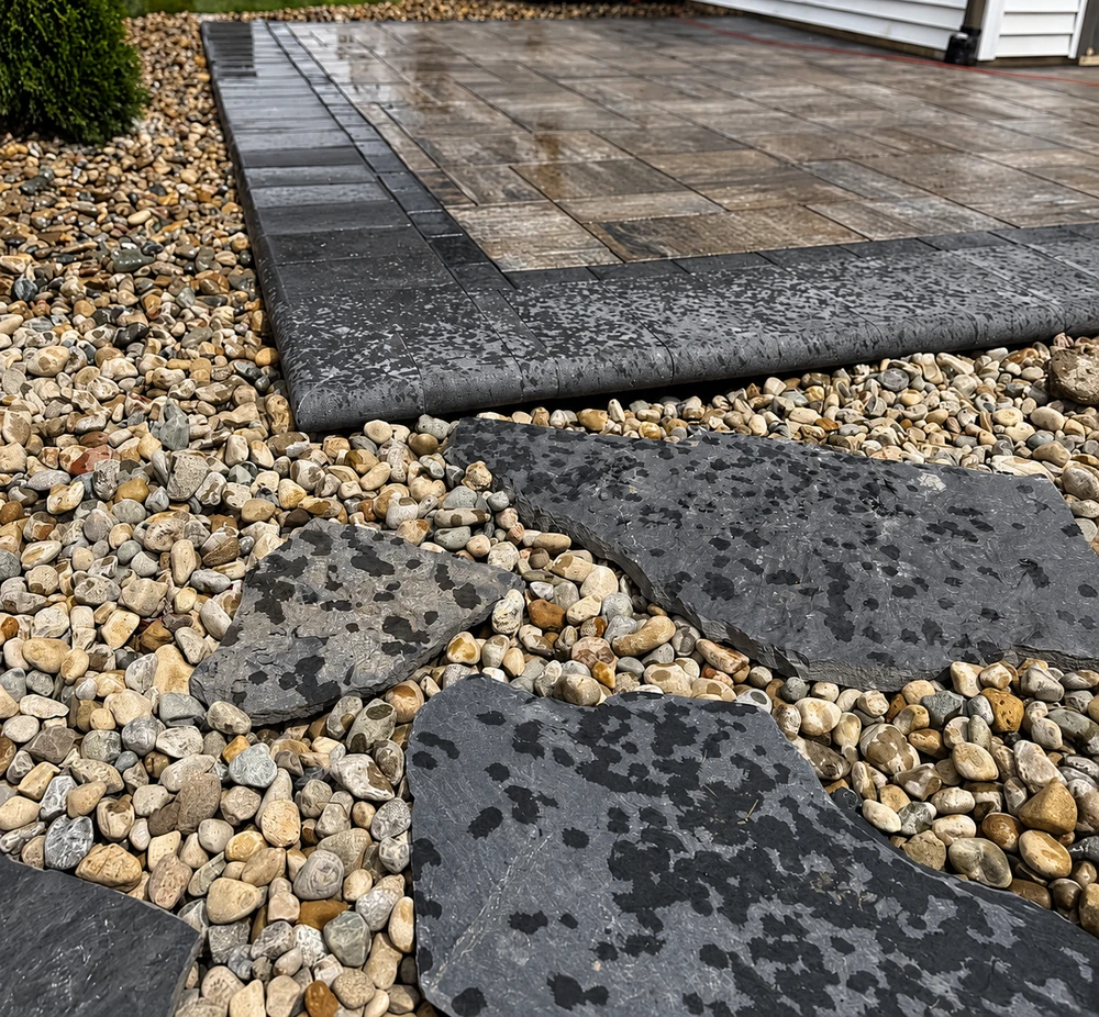 curbscapefw service area 1 - Curbscapes Outdoors Rain beads on a rounded charcoal border around mottled brown patio pavers. River rock and dark stepping stones fill the foreground.
